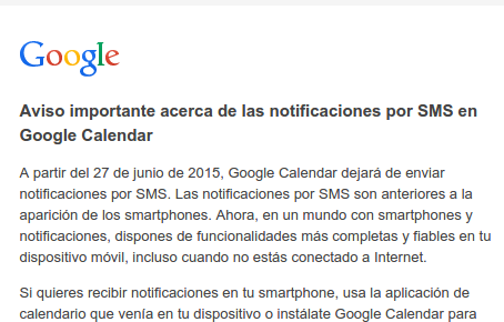 Fin de SMS en Calendar